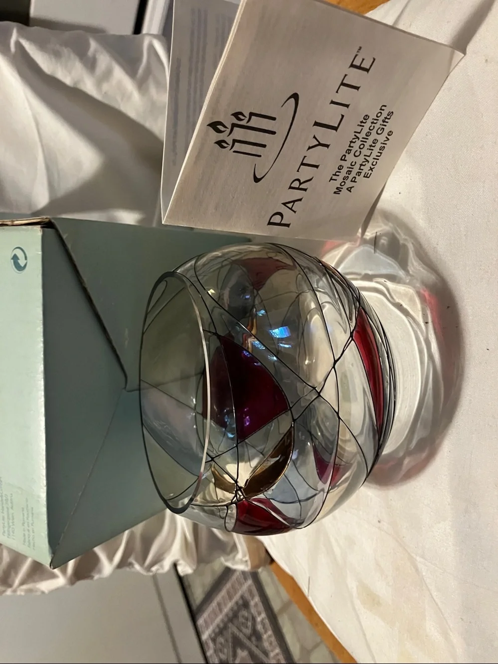 New. Partylite. Mosaic glass red n gold design.  4”-4” candle holder